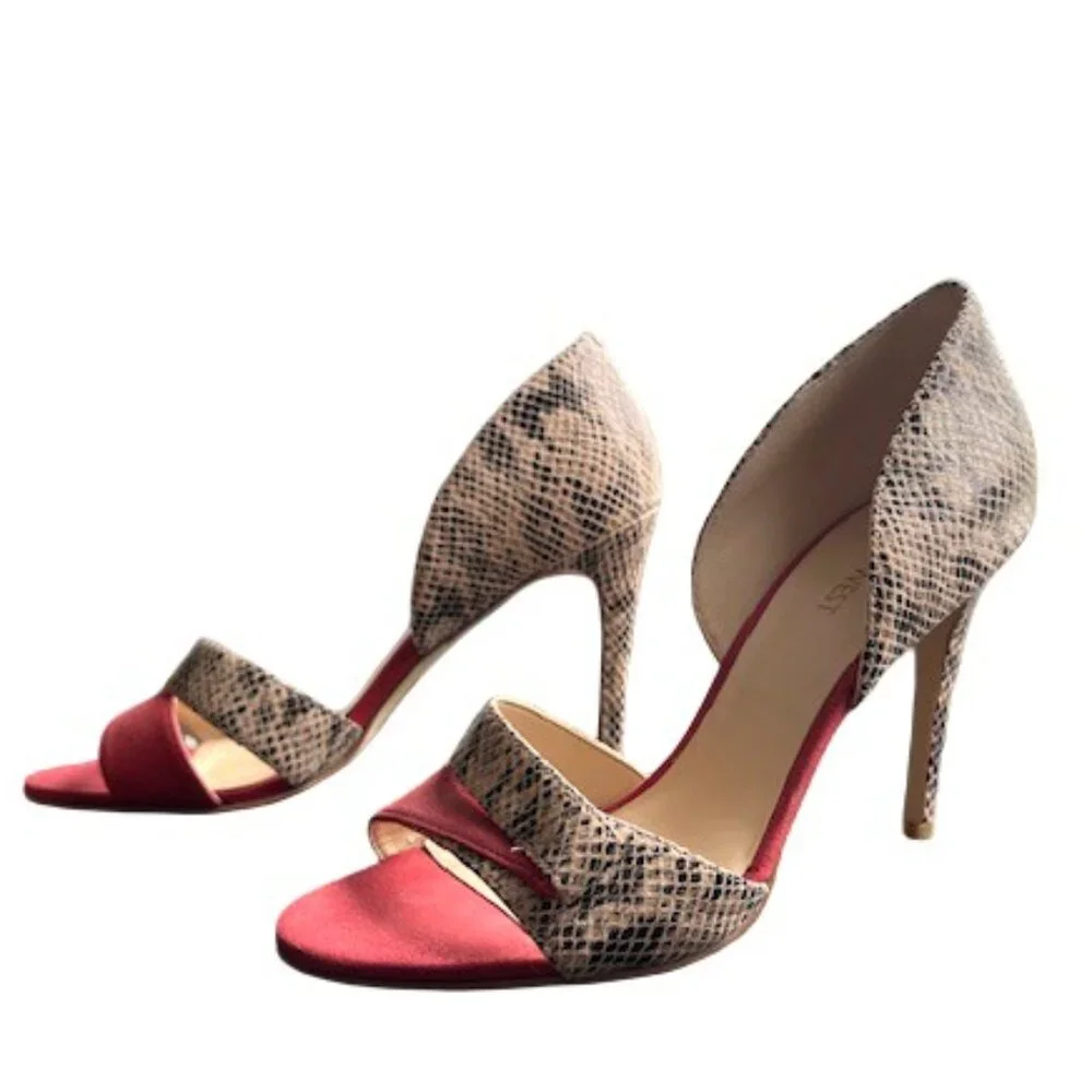 Nine West Snakeskin Print with Coral Suede Open Toe Stiletto Heel - Size 8.5 - Picture 2 of 10